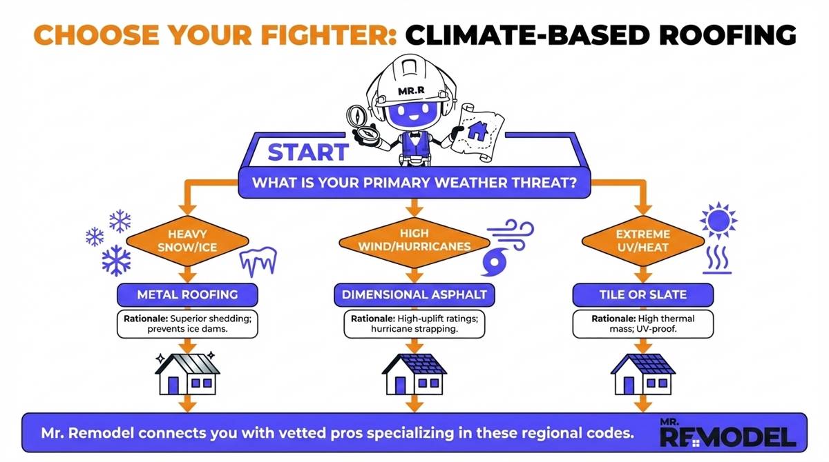 A 2026 regional roofing decision tree infographic that summarizes material choices based on local weather threats like heavy snow, high winds, and extreme heat.